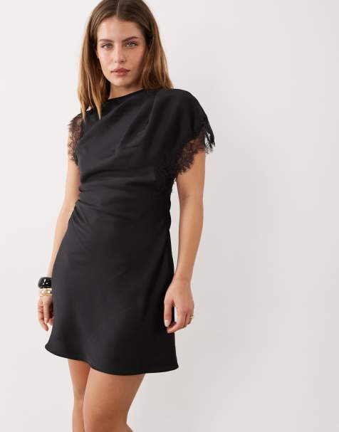 Forever New Petite satin and lace mix mini dress in black