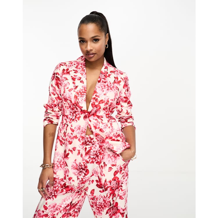 Forever New Petite satin blazer co ord in red floral print ASOS