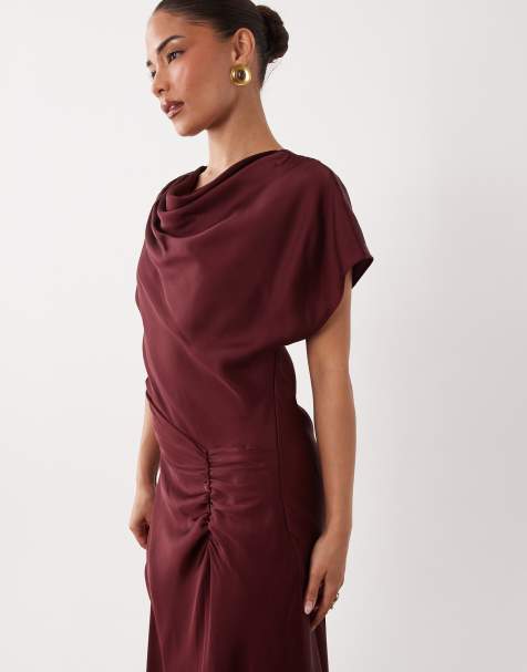 Forever New Petite satin high neck tuck side detail bias maxi dress in burgundy - view 1