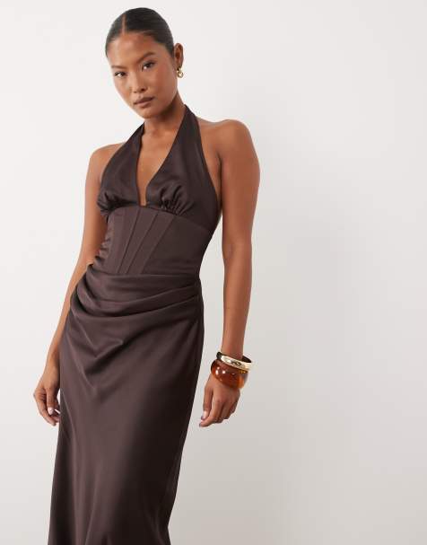 Forever New Petite satin plunge corset detail bias cut maxi dress in chocolate - view 1