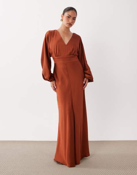 Forever New Petite satin v neck batwing slit front maxi dress in rust - view 1