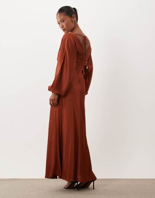 Forever New Petite satin v neck batwing slit front maxi dress in rust, 2 of 4
