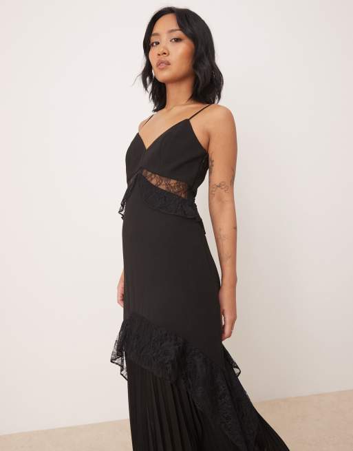 Forever New Petite sheer ruffle lace maxi dress In black | ASOS