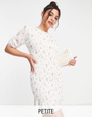 Forever New Petite shirred frill hem mini dress in ivory ditsy floral - ASOS Price Checker