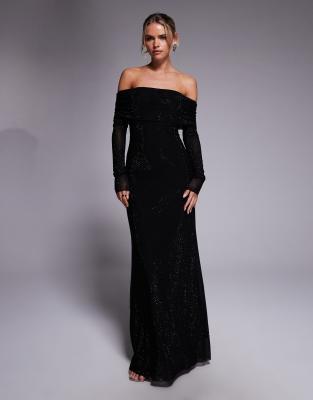 Forever New Petite Forever New Petite slinky hotfix fold over bardot maxi dress in black