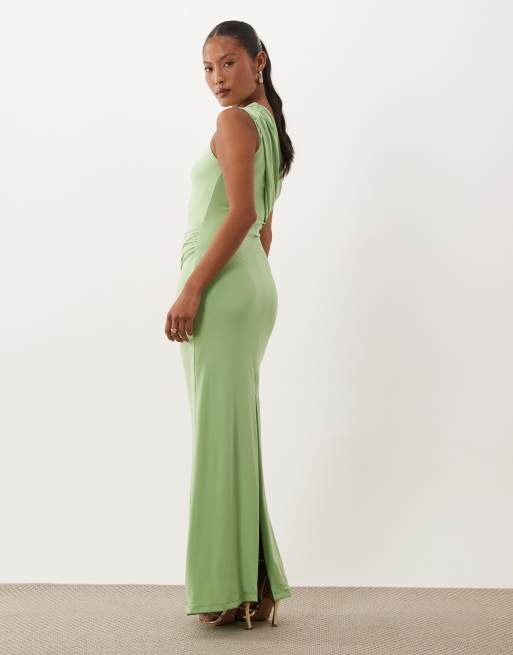 Forever New Petite slinky one shoulder hardware detail maxi dress in sage, 2 of 4