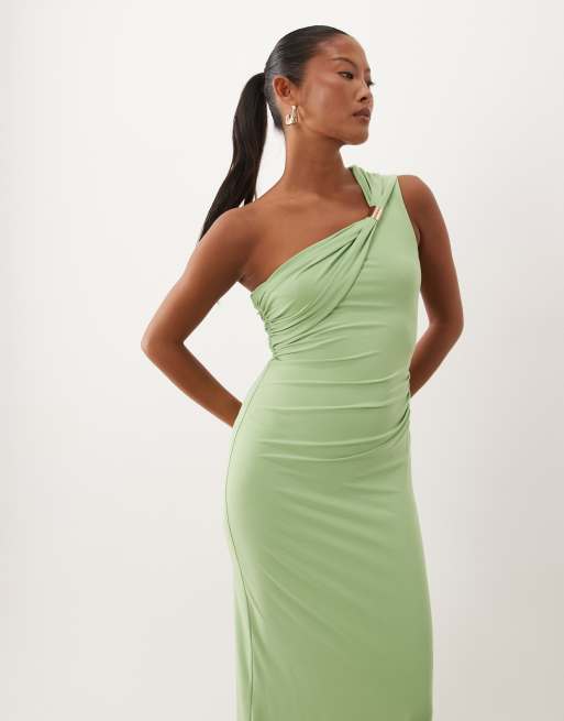 Forever New Petite slinky one shoulder hardware detail maxi dress in sage, 3 of 4