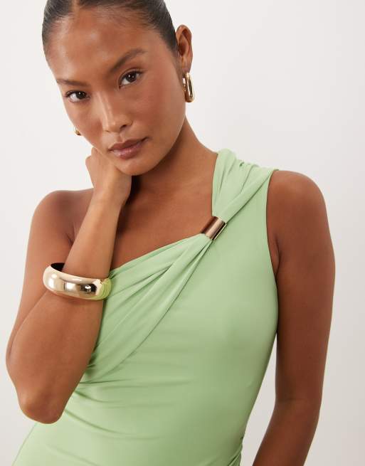 Forever New Petite slinky one shoulder hardware detail maxi dress in sage, 4 of 4