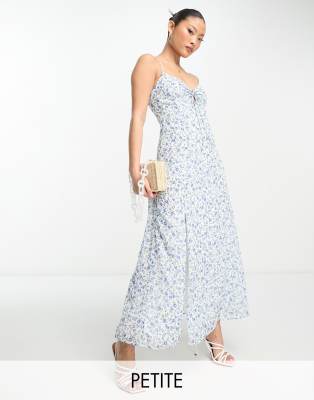 Forever New Petite Forever New Petite strappy maxi dress with split in ivory floral-White