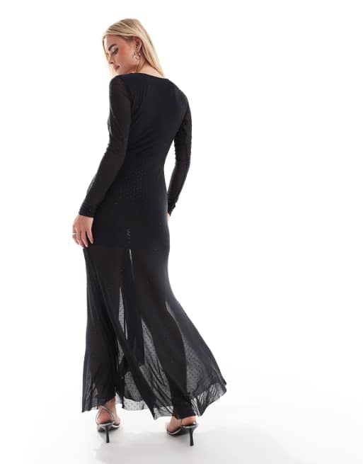 Forever New Petite – Svart, långärmad maxiklänning med djup ringning och värmefixerad strass, 4 av 4