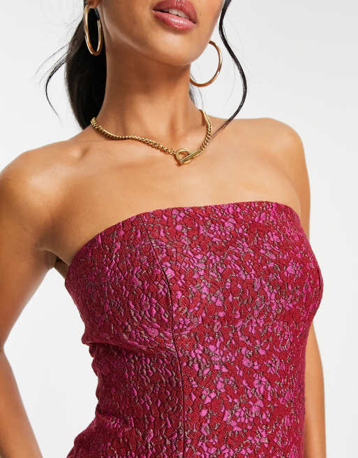 Forever New Petite textured 90s mini dress in red and pink boucle, 3 of 4
