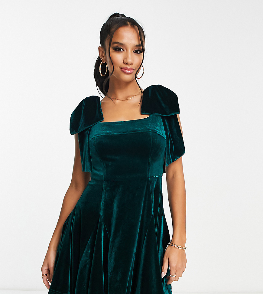 Forever New Petite velvet tie shoulder mini prom dress in emerald green