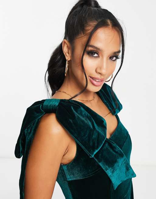 Forever New Petite velvet tie shoulder mini prom dress in emerald green