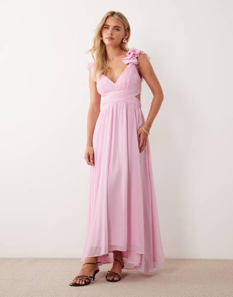 Forever New Petite - Vestido largo rosa con volantes en los hombros - view 1
