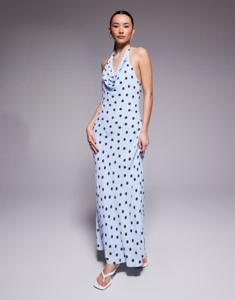 Forever New Petite - Vestito al polpaccio con scollo ad anello blu a pois - view 1