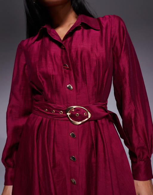 Forever New Petite - Vestito camicia corto rosso scuro con cintura e cuciture a vista, 3 di 4
