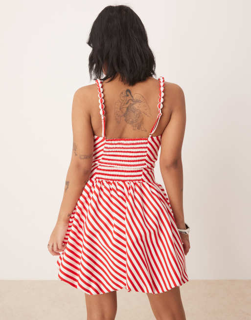 Forever New Petite - Vestito corto rosso e bianco a righe con fondo a palloncino, 2 di 4