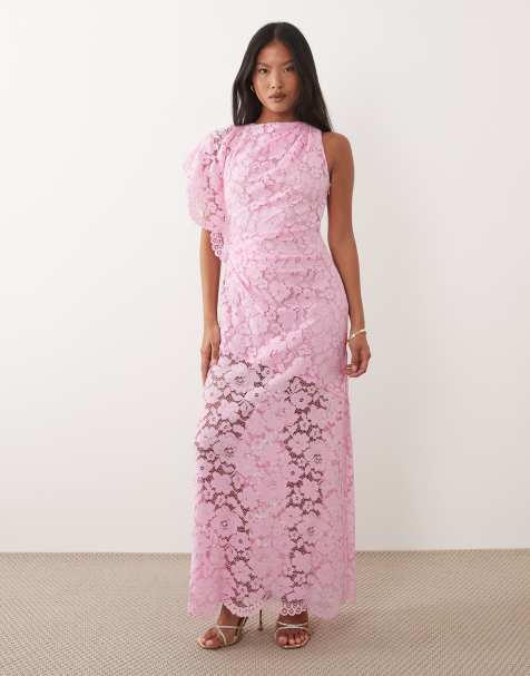 Forever New Petite - Vestito lungo asimmetrico rosa chiaro con rivestimento in pizzo - view 1