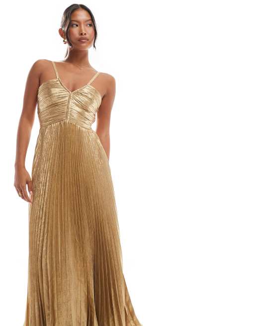 Forever New Petite Vestito lungo color oro metallizzato a pieghe ASOS