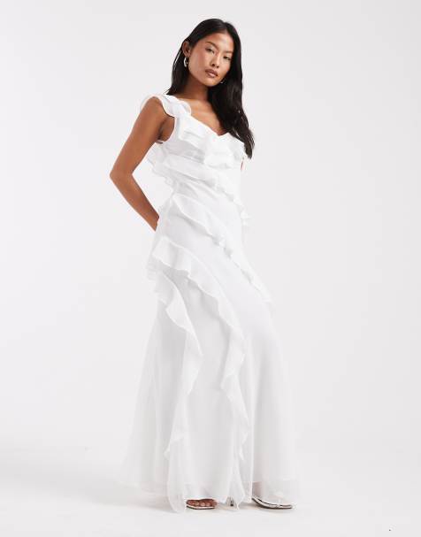Forever New Petite - Vestito lungo senza maniche da sposa color avorio con volant e scollo a V - view 1
