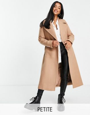 Forever New Petite wrap midi coat in camel - ASOS Price Checker
