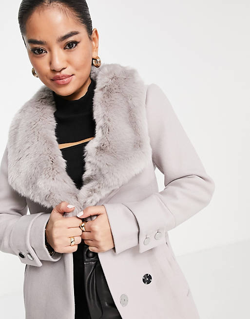  Forever New Petite wrap tie coat with faux fur collar in mink 