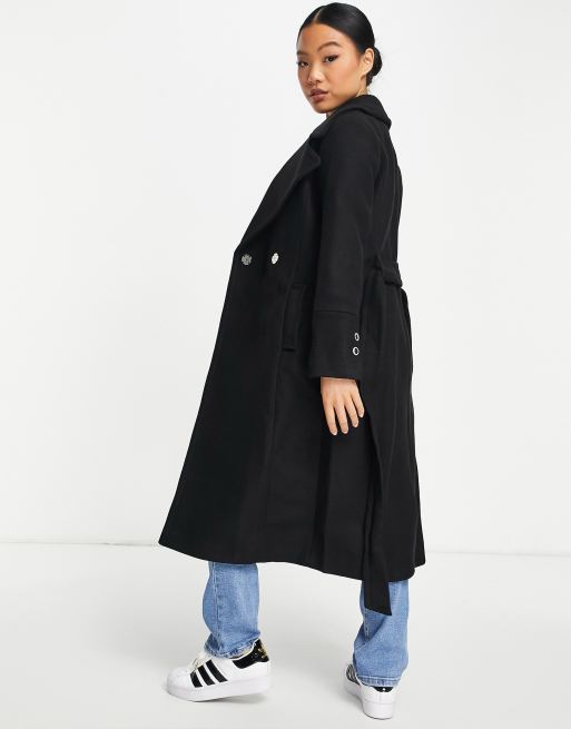 Forever New Petite wrap tie smart midi formal coat in black ASOS