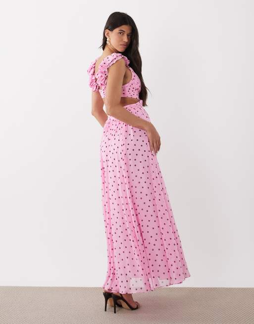 Forever New - Pink maxikjole i chiffon med flæseskuldre og polkaprikker, 2 af 4