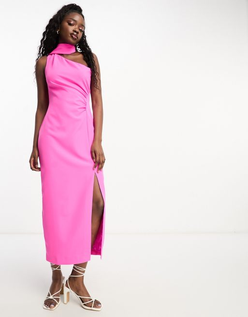 Forever New - Pink midikjole i satin med slå-om-hals og slids, 4 af 4