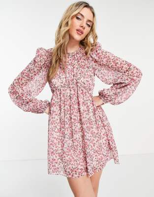 Forever New Forever New pintuck blouson sleeve ruched mini dress in blush ditsy floral-Multi