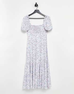 Forever New pintuck puff sleeve tiered midi dress in ivory floral-Multi