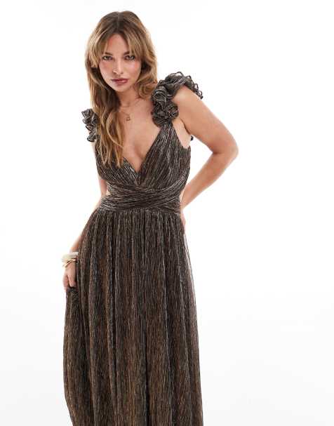 Forever New plisse ruffle maxi dress in brown - view 1