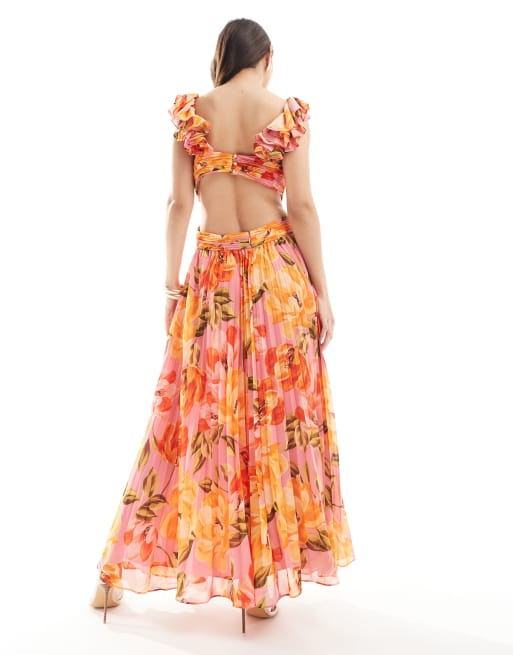 Forever New - Plisseret maxikjole med udskæring og orange/lyserødt blomstermønster, 3 af 4