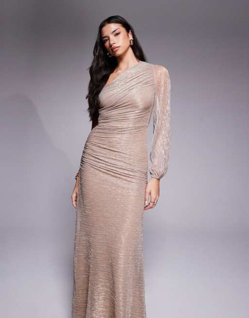 Forever New - Plisseret og rynket oneshoulder-maxikjole i metallisk guldfarve, 4 af 4