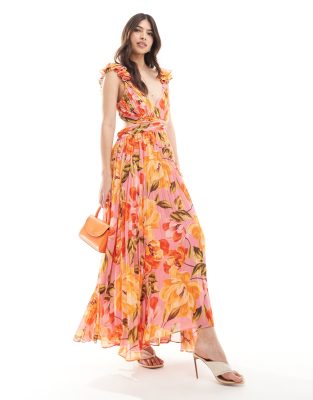 Forever New - Plissiertes Maxikleid mit Blumenmuster in Orange und Rosa mit Zierausschnitt-Bunt