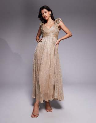Forever New - Plissiertes Midaxi-Kleid in Gold mit gerüschter Schulterpartie-Goldfarben