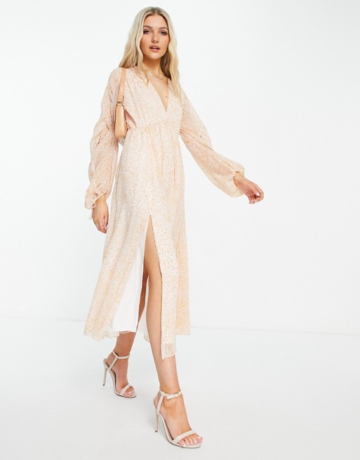 Forever New plunge midaxi dress with ruched tie sleeve in soft leopard