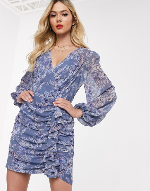 Forever New plunge ruffle mini dress in lavender print