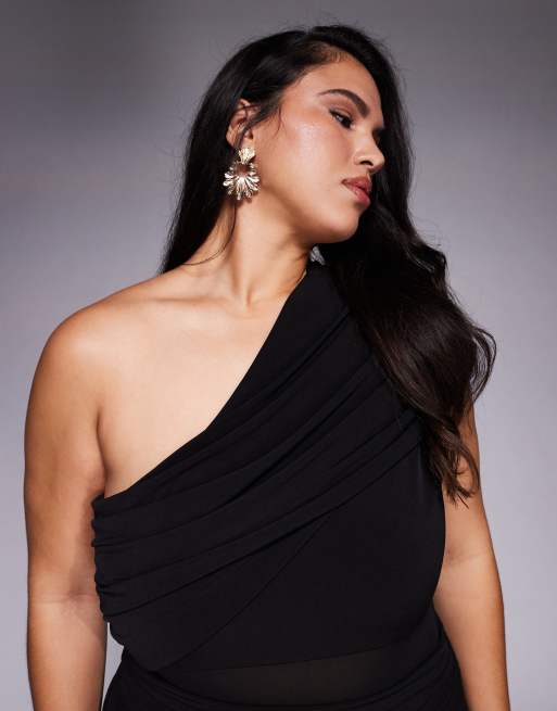 Forever New Plus one shoulder mesh waist panel sheer skirt maxi dress in black, 2 of 4