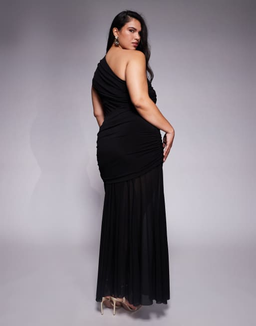 Forever New Plus one shoulder mesh waist panel sheer skirt maxi dress in black, 3 of 4