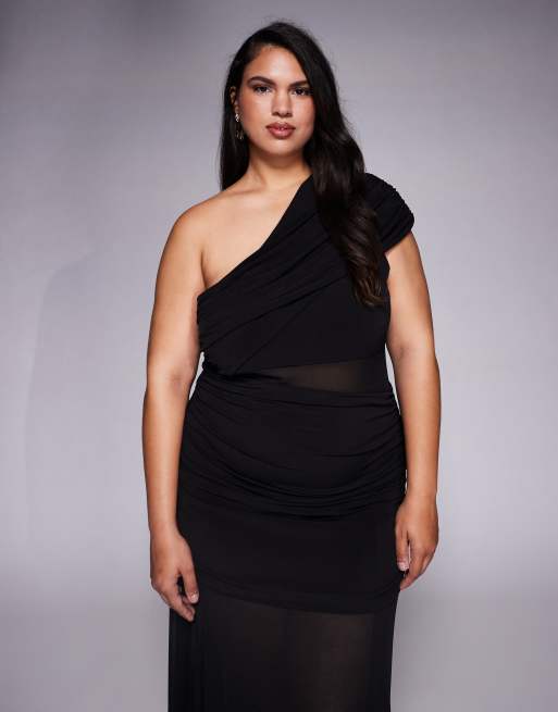 Forever New Plus one shoulder mesh waist panel sheer skirt maxi dress in black, 4 of 4