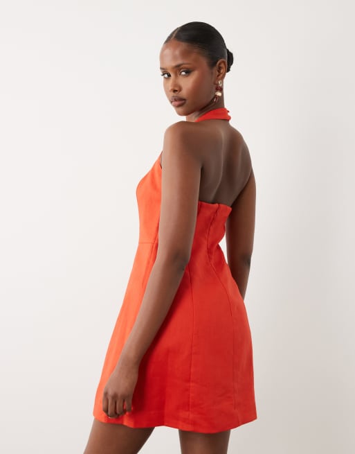 Forever New – Pomarańczowa, lniana sukienka mini z dekoltem halter, 3 z 4