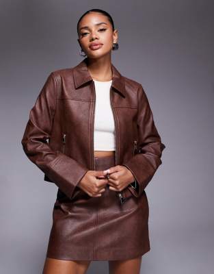 Forever New PU jacket co-ord in walnut-Brown
