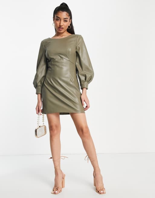 Forever New PU low back mini dress in soft khaki ASOS