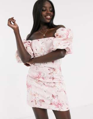 Forever New puff sleeve belted mini dress in pink floral-Multi