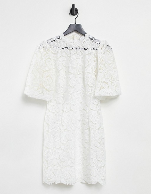Forever New puff sleeve high neck lace mini shift dress in ivory