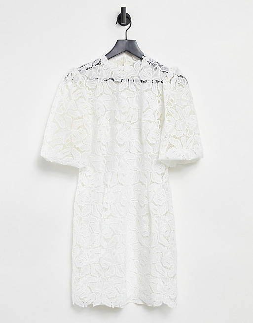  Forever New puff sleeve high neck lace mini shift dress in ivory 