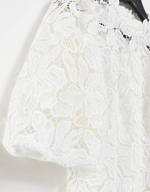  Forever New puff sleeve high neck lace mini shift dress in ivory 