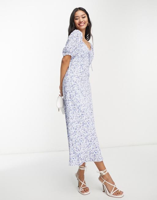 Navy Blue Floral Square Neck Short Puff Sleeve Maternity Maxi