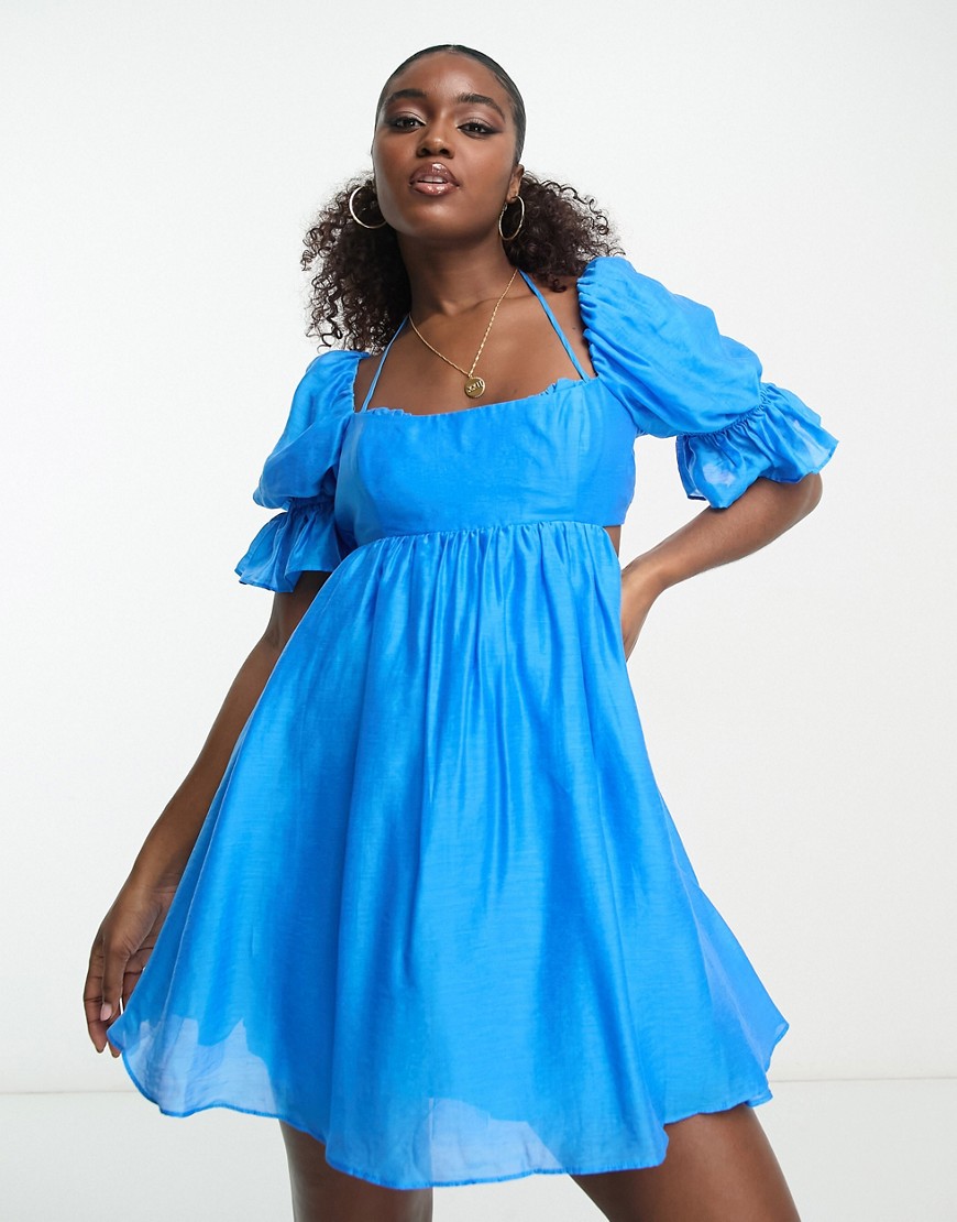 Forever New puff sleeve mini dress in bright blue